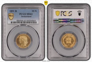 20 Francs 1891 MS 61 PCGS Helvetica