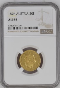8 Florins / 20 Francs Austria 1876 AU55 NGC