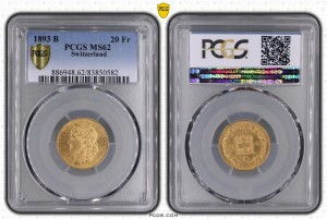 20 Francs 1893 MS 62 PCGS Helvetica