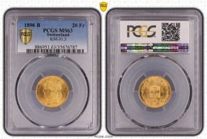 20 Francs 1896 MS 63 PCGS Helvetica