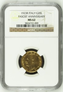 20 Lire 1923R MS 62 NGC Italy Fascetto