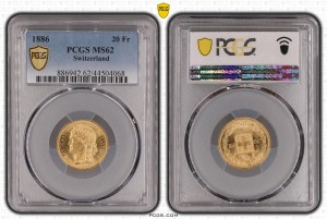20 Francs 1886 MS 62 PCGS Helvetica