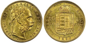 Hungary Francis Joseph I 20 Francs/ 8 Forint  1890 KB NGC AU 58